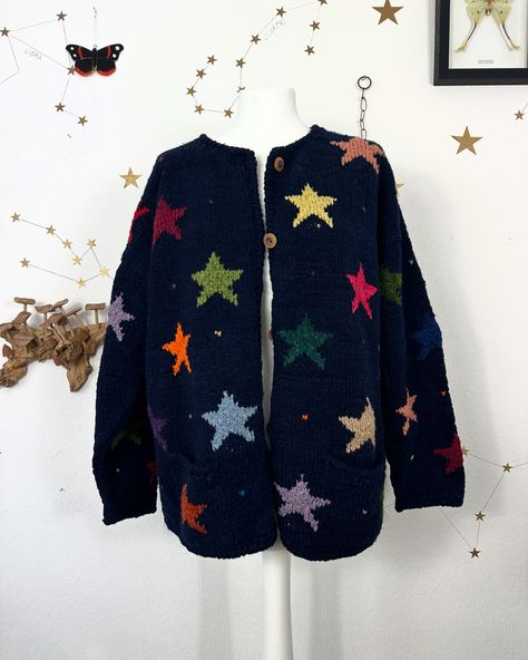 SOLD ✨⭐️ VINTAGE STAR CARDIGAN ⭐️✨ link in bio!!! 🧡 Celestial Knit Sweater, Cutesy Style, Sophie Seddon, Star Cardigan, Vintage Knitwear, Style Goals, Star Sweater, Vintage Star, Knit Sweaters