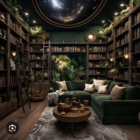 Dark Green Walls Library, Dark Green Bookshelf, Green Home Library, Green Library Room, Dark Green Home, Dark Bookshelves, Dark Academia Living Room, Library Vibes, In Home Library