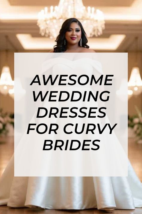 Are you a curvy bride worried about finding that perfect wedding dress? We've got you covered with 7 beautiful wedding dress ideas that will flatter your figure and help you feel amazing on your big day! From elegant off-shoulder satin gowns surrounded by chandeliers to flowing skirts that make you feel like a princess, there's something here for everyone. These styles are all about making your celebration extra special. Click to discover fashion choices that match your personality and help you shine on your wedding day! None White Wedding Dress Brides, Filipina Inspired Wedding Dress, Wedding Dresses Vow Renewal, Wedding Dresses For Your Body Type, Size 10 Bride Wedding Gowns, Destination Wedding Dress Curvy, Mid Size Bride Dress, Wedding Dress For Large Chest, Wedding Dresses Drop Sleeves