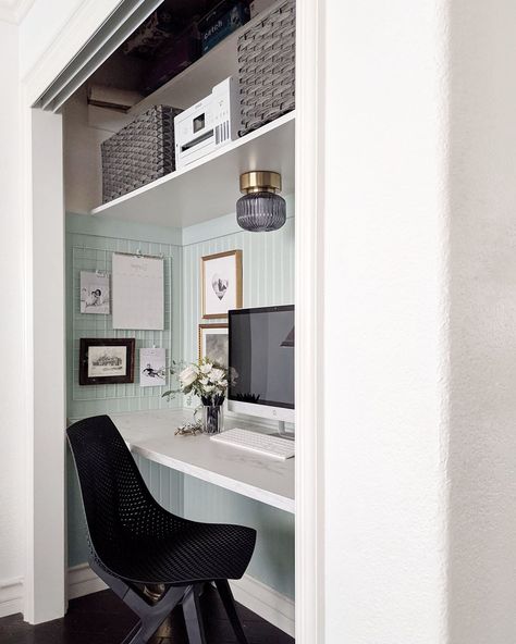 From Closet to Office (A Cloffice!) | Clare Blog Office Desk In Closet Built Ins, Tiny Office Space Ideas Closet, Small Dressing Room/office Ideas, Hideaway Home Office Ideas, Closet To Desk Space, Closet In Home Office, Desk Area In Closet, Desk In Master Closet, Office Desk Inside Closet