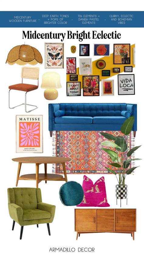 Mid Century Bright Eclectic, Bright Bold Interior Design, Living Room With Teal Sofa, Apartment Decorating Living Room Modern, Boho Living Room Blue Couch, Midcentury Living Rooms, Colorful Mid Century Modern Living Room, Jewel Tone Home, Funky Living Room Ideas