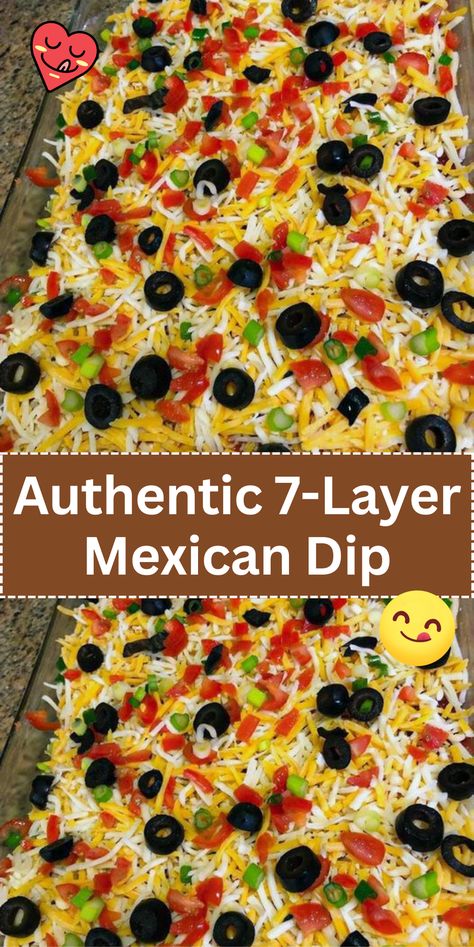 Impress your guests with Authentic 7-Layer Mexican Dip. Layers of refried beans, guacamole, salsa, cheese, and more, served with tortilla chips for a crowd-pleasing appetizer. Layered Taco Dip With Guacamole, Layered Taco Dip With Refried Beans, Seven Layer Taco Dip Refried Beans, Mexican Dinner For A Crowd, Seven Layer Mexican Dip, Tortilla Chip Recipe Ideas, 7 Layer Bean Dip Easy, Mexican 7 Layer Dip Recipes, 7 Layer Mexican Dip Recipe