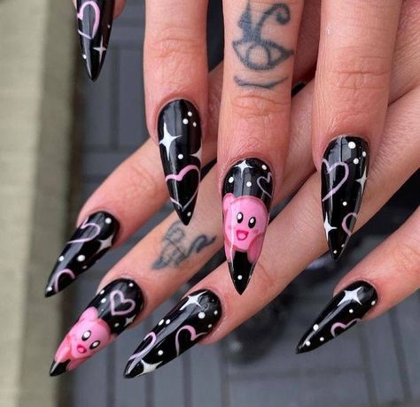 Short Nails Gothic Ideas, Pisces Birthday Nails Acrylic, Pink Goth Nails, Cartoon Character Nails, Devil Nails, 2023 Nails, Punk Nails, Gothic Nails, Anime Nails