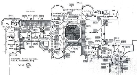 Plan for the second floor of Biltmore House. Estate House Plans, Biltmore House Interior, Color Bathroom Design, Vanderbilt Mansions, Luxury Bedrooms, Houses In America, Biltmore House, Estate House, Mansion Floor Plan