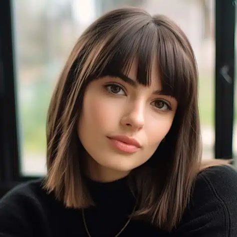 50 Trending Wispy Bangs Hairstyles to Try This Year Medium Bob With Fringe Shoulder Length, Bangs And A Bob, One Length With Bangs, Long Bob For Straight Hair, Bangs With Chin Length Hair, Long Bob Haircuts Bangs, Short Bob Brown Hair With Bangs, Auburn Short Hair With Bangs, Bob Straight Hair Bangs