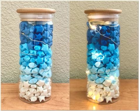 Make beautiful origami stars for gifts or decor with our tutorials. Origami Lucky Stars Ideas, Origami Jar, Aesthetic Origami, Jar With Lights, Room Wedding Decor, Star Jar, Star Centerpieces, Beautiful Origami, Origami Lucky Star