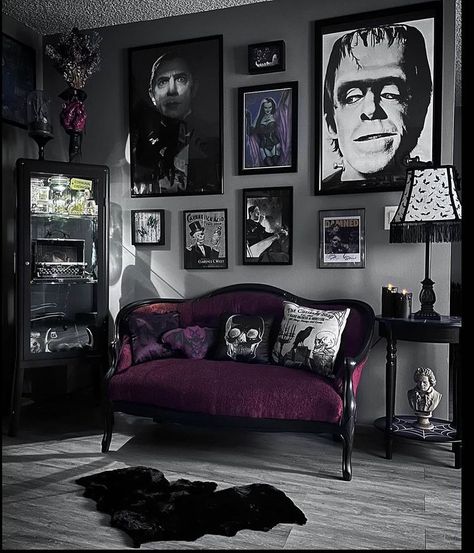 Goth Living Room, Gothic Living Room, Horror Room, Gothic Decor Bedroom, Salon Suites, Dark Home Decor, Goth Home Decor, Fur Rug, Apartment Decor Inspiration