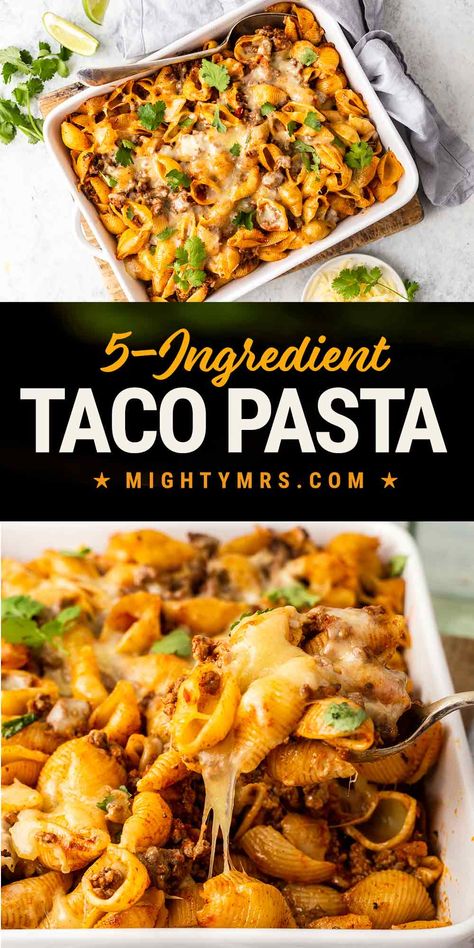 This 5-ingredient, cheesy taco pasta is one of those quick and easy dinner casserole recipes, perfect for busy weeknights. This pasta bake is made with ground beef, cheese, taco seasoning and salsa! Bake or make on the stovetop. Taco Pasta 5 Ingredients, Shell Taco Pasta, 5 Ingredient Or Less Pasta Recipes, 5 Ingredient Taco Pasta, Easy Oven Baked Dinner Recipes, Turkey Taco Pasta Bake, Pasta Casserole With Ground Beef, Baked Taco Pasta Casserole, Easy Taco Pasta Bake