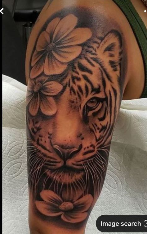 Women Tiger Tattoo Sleeve, Tiger Face With Flowers Tattoo, Tattoos Of Tigers, Tiger Tattoo With Flowers, Female Tiger Tattoo, Tiger And Rose Tattoo, Female Tiger, Tiger Tattoo Sleeve, Cross Tattoos For Women