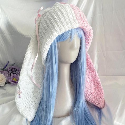 The cutest soft bunny beanie crochet piece with sequins for your winter fashion! ૮ ˶ᵔ ᵕ ᵔ˶ ა‧₊ Carefully handcrafted with love by yours truly.ა❤︎໒꒱  Please allow 2-3 weeks production time as item is made to order.  Free shipping USPS first class within US.  Made with: - 75% Premium Acrylic - Polyamide  - 5% Polystest - Stainless steel hardware and acrylic crystal star + glass teardrop bead for the charm. - Satin pink ribbon for the bows.  Care Instructions:  Regular Cleaning: Dust it off with a Strawberry Cat Beanie, Crochet Beanie Bunny, Crochet Hat With Bunny Ears, Knit Bunny Hat, Crochet Rabbit Beanie, Bunny Bonnet Crochet, Cute Crochet Clothing, Bunny Custome, Bunny Beanie Crochet