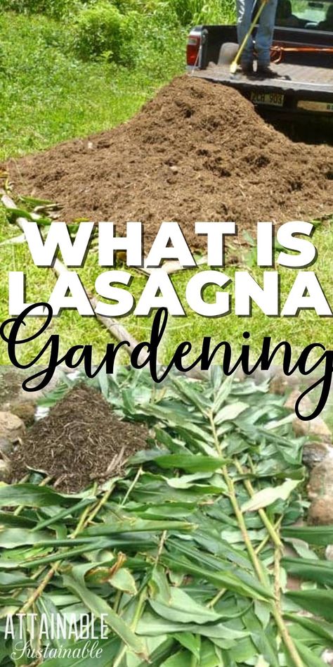 above picture of a large pile of mulch, below picture of cut plants and mulch Lasagna Gardening Layers, Lasagna Composting, Homestead Garden Layout, Building A Garden, Sheet Mulching, Fall Crops, Lasagna Gardening, River Rock Garden, Landscape Rock