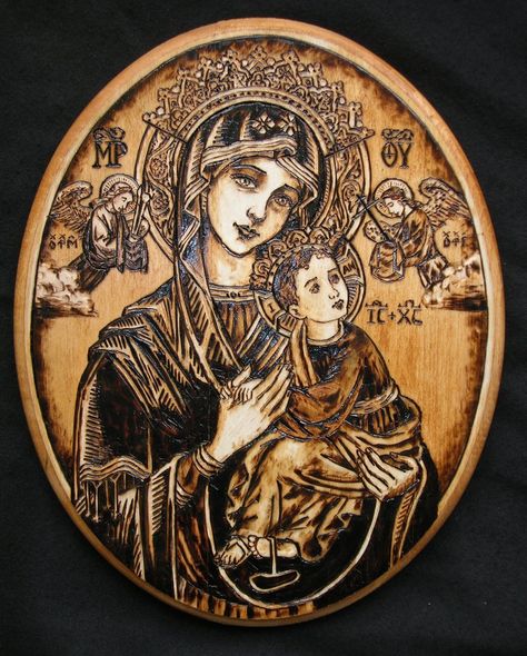 Pyrography History | Our Lady of Perpetual Help - Pyrography by Theophilia Wood Burning Patterns Stencil, Images Of Mary, Pyrography Art, Woodburning Projects, San Francesco, Wood Burning Crafts, Blessed Mother Mary, Wood Burning Patterns, Wood Burning Art