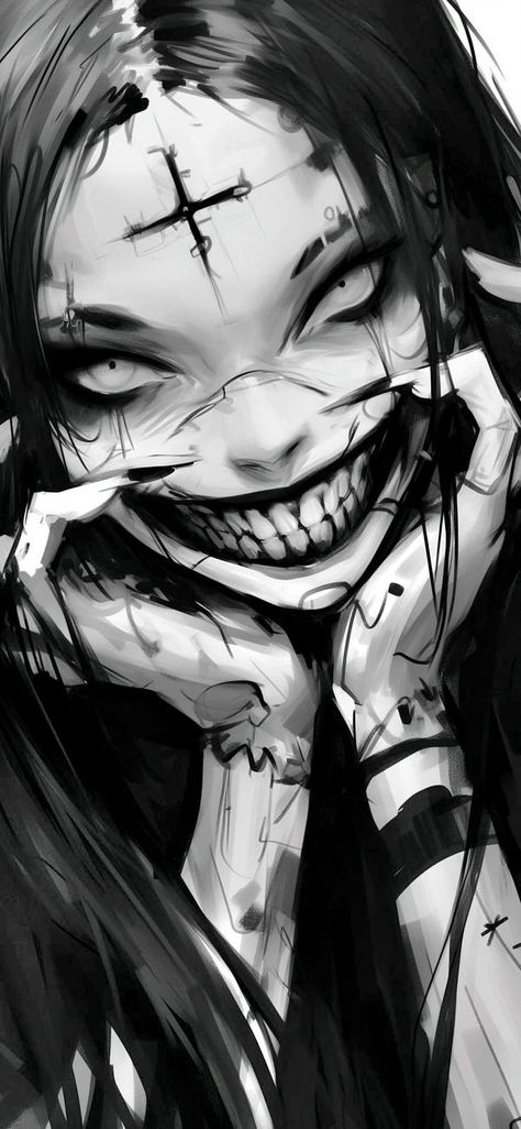 Anime Horror Drawing, Halloween Monster Drawing, Dark Horror Drawings, Creepy Wallpaper Dark Horror, Creepy Face Drawing, Creepy Girl Drawing, Creepy Anime Pfp, Creepy Smile Drawing, Dark Horror Wallpaper