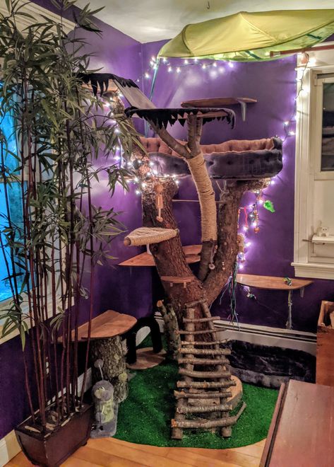 Creative Cat Trees, Maximalist Cat Tree, Enchanted Forest Cat Tree, Witchy Cat Furniture, Tree Branch Cat Tree, Cat Tree House Indoor, Cat Tree House Diy Ideas, Diy Mushroom Cat Tree, Fairy Cat Tree