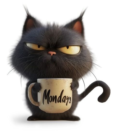 Oh No It’s Monday Already, Monday Coffee Humor, Grumpy Character, Cute Cat Clipart, Coffee Monday, Monday Cat, Cat And Coffee, Cute Cat Art, Kawaii Cat Drawing