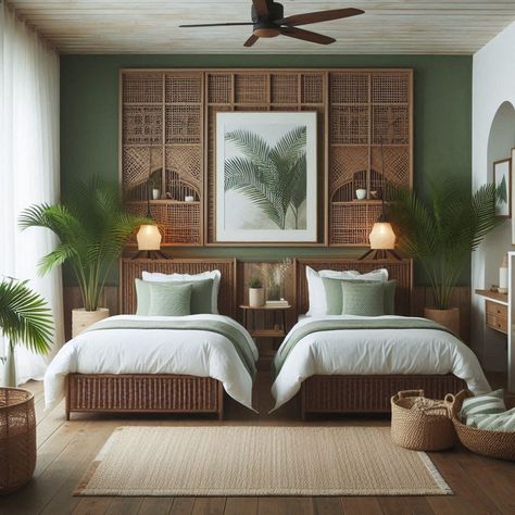 Japandi Rattan Interior, Modern Resort Interior Design, Boutique Hotel Bedroom Ideas, Beautiful Hotel Rooms Interiors, Tropical Coastal Interior, Resort Room Design, Tropical Bedroom Ideas Caribbean, Thai Bedroom, Brazilian Decor