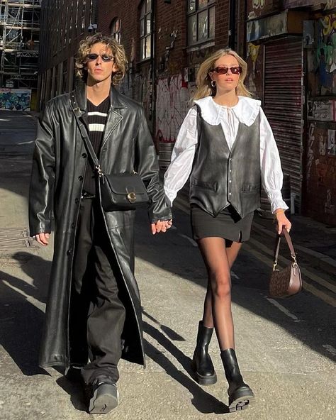 90s Winter Outfits Aesthetic, Layering Mesh Tops, Oversized Leather Vest Outfit, Vintage Couple Outfits, Leather Waistcoat Outfit Woman, Collar Outfits Aesthetic, Edgy Classic Style, Leather Vest Outfit, High Fashion Streetwear