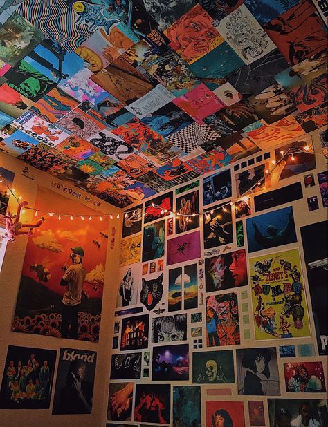 wall art, posters, indie, aesthetic, trippy, room inspo Rave Bedroom Ideas, Boho Trippy Bedroom, Trippy Maximalist Decor, Trippy Rooms Bedrooms Ideas, Trippy Apartment Aesthetic, Trippy Interior, Room Ideas Trippy, Trippy Aesthetic Room, Trippy House Decor