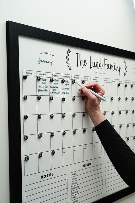 Family Meal Calendar, Family Schedule Board, Wall Calendar Organizer, Chore Calendar, Family Wall Calendar, Family Dinner Planning, Family Planner Wall, Framed Whiteboard, Homework Chart