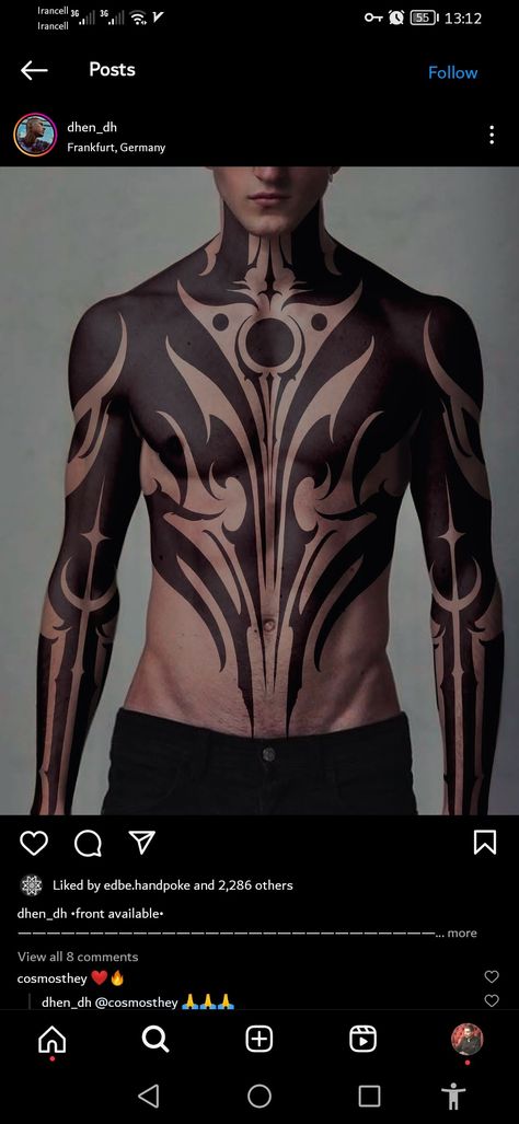 Full Body Pattern Tattoo, Symmetrical Torso Tattoo, Black Work Tattoo Men, Black Out Chest Tattoo, Ornamental Bodysuit Tattoo, Body Suit Tattoo Men, Geometric Chest Tattoo Men, Upper Body Tattoos Men, Blackout Chest Tattoo