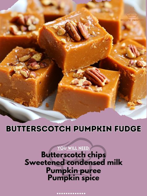 Rich and creamy Butterscotch Pumpkin Fudge for the perfect fall indulgence! 🎃🍬 A delightful treat in every bite! 🍂✨" Butterscotch Pumpkin Fudge Ingredients: Butterscotch chips (2 cups) Sweetened condensed milk (1 can, 14 oz) Pumpkin puree (½ cup) Pumpkin spice (1 tsp) Vanilla extract (1 tsp) Chopped pecans (optional, ½ cup) Instructions: Line an 8x8 baking dish with parchment paper. In a saucepan, melt butterscotch chips with sweetened condensed milk over low heat. Stir in pumpkin puree, ... Butterscotch Pumpkin, Pumpkin And Butterscotch Cookies, Pumpkin Bread With Butterscotch Pudding, Pumpkin And Butterscotch, Fudge Butterscotch, Self Saucing Butterscotch Pudding, Pumpkin Butterscotch, Pumpkin Fudge, Cozy Fall Recipes