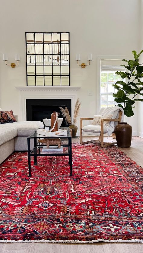 Persian Rug Interior Design, Red Rug White Couch, Turkish Carpet Living Room Modern, Red Carpet Home Decor, Red Rugs In Living Room, Red Turkish Rug Living Room, Red Carpet Living Room Ideas, Heriz Rug Living Room, Red Rug Living Room Decor