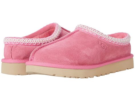 UGG Tasman - Women's Shoes : Pink Rose : The Tasman always fits tight at first especially if someone has a high instep or high volume foot. It does stretch out over time. If you are in between sizes, please size up or down based on the volume of your foot and height of your instep. Take the suede UGG Tasman slip-on from weekday lounging to a Saturday excursion! Features a Tasman trim and a raw seam down the center with an embossed UGG logo at lateral side. Luxurious sheepskin lining for breathab Cute Shoes Uggs, Light Pink Tasman Uggs, Ugg Slippers Pink, Luxury Items Women, Stuff To Get For Christmas, Pink Tasman Uggs, Pink Cute Stuff, Light Pink Uggs, Preppy Uggs