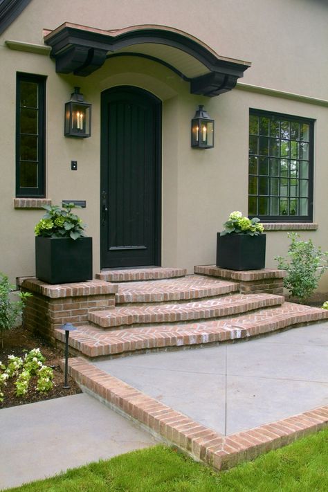 Laurelhurst House Front Door 01 Front Porch Steps With Landing, Front Area Of House, Brick Porch Steps Entrance, Stone Columns Porch Front Entry, Arched Front Porch, Front Door Patio, Front Door Garden Ideas, Steps To Front Door, Brick Steps Front Porch Entrance Farmhouse