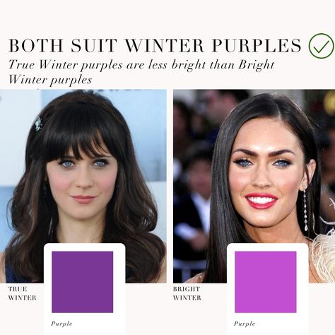 Colour analysis comparison, True Winter VS Bright Winter 🖤 . #coloranalysis #colouranalysis #coloranalyst #winterpalette #zooeydeschanel #meganfox Cool Winter Vs Bright Winter, True Winter Vs Bright Winter, Bright Winter Color Palette Outfits, True Winter Outfits, Bright Winter Color Palette, True Winter Palette, True Winter Color Palette, Bright Winter Outfits, Cool Winter Color Palette