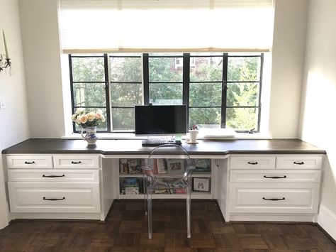 Custom Built in desk big window oak top hidden bookcase Window Desk, Desk Units, Guest Bedroom/office, Office Built Ins, Loft Office, Floor Renovation, Long Desk, Bookshelf Desk, Small Home Offices