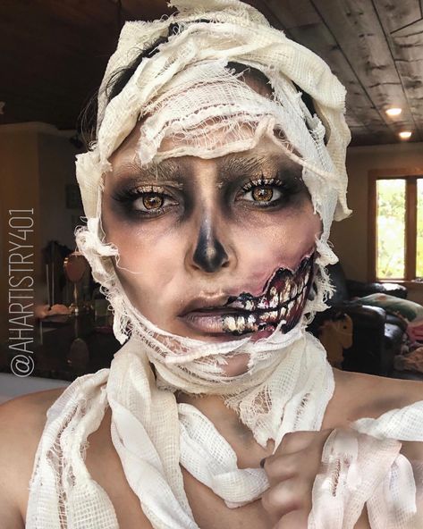 Mummy Woman Costume, Mummy Halloween Makeup Women, Esthetician Halloween Costume, Mummy Makeup Men, Mummy Makeup Women, Mummy Costume Makeup, Mummy Make Up, Scary Mummy Costume, Updo Competition