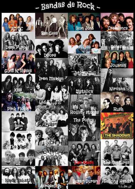 Bandas de Rock illustration #Photoshop #people #men #band #poster #music #AC/DC Bon Jovi #Creedence Deep Purple The Doors Guns N' Roses Iron Maiden Kiss (music) #Metalica #Nirvana Led Zeppelin Pink Floyd Rolling Stones The Beatles The Police The Shadows Van Halen #U2 #Aerosmith Duran Duran The Ventures Jethro Tull The Who Bee Gees progressive rock heavy metal thrash metal hard rock new wave alternative rock #post-punk pop music rock music #5K #wallpaper #hdwallpaper #desktop Band Wallpapers Desktop, Rock N Roll Aesthetic Wallpaper, Rock Music Wallpaper, Rock Illustration, 70s Rock Bands, The Who Band, Can Band, Roses Illustration, Kiss Music