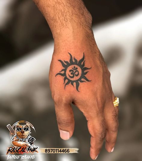 Om Tattoo Hand, Om Sun Tattoo, Sun With Om Tattoo, Sivan Tattoo Designs, Om Tatoos Design, Om Tattoo Design Men, Om Tattoo Men, Rajput Tattoo, Hindu Tattoos Small