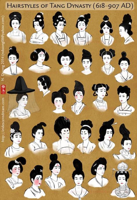 Hairstyles of China's Tang Dynasty Women by lilsuika on DeviantArt Tang Dynasty Hairstyles, Dynasty Hairstyles, Chinese Dynasty, Drawing Hair, Chinese Hairstyle, Chinese History, Tang Dynasty, Poses References, Hair Reference