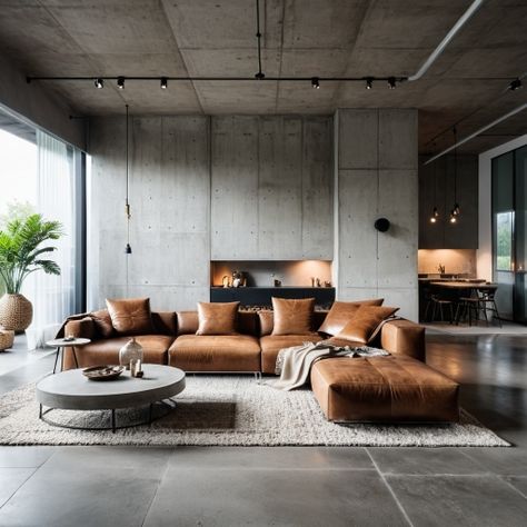 Industry Interior Design, Salon Estilo Industrial, Minimalist Industrial Interior Design, Wall Design Ideas Living Room, Warm Industrial Living Room, Bachelor Living Room, Modern Industrial Living Room, Masculine Interior Design, Industrial Living Room