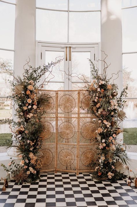 Wicker screen divider and column flower altar decor at Gunnersbury Park wedding venue in London Room Divider Ceremony Backdrop, Room Divider Floral, Rustic Flower Arch, Room Divider Wedding Decor, Unique Alter Ideas, Wedding Arch Alternative Indoor, Wedding Alter Flower Pillars, Room Divider Wedding Backdrop, Nikkah Divider