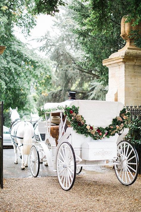 Chic Wedding Flower Decor Ideas ❤ See more: http://www.weddingforward.com/simply-chic-wedding-flower-decor-ideas/ #weddingforward #bride #bridal #wedding White Horse Wedding, Wedding Carriage Horse, Wedding Horse And Carriage, Carriage Decorations, Horse Carriage Wedding, Horses Wedding, Horse And Carriage Wedding, White Carriage, Carriage Wedding