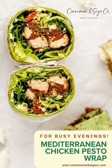 Quick, easy, and packed full of flavor, this Mediterranean Chicken Pesto Wrap is a must try recipe. You will absolutely love this savory mixture of chicken, sun-dried tomatoes, pesto, and feta cheese. Pesto Wrap, Chicken Wraps Healthy, Feta Chicken, Quick Chicken Recipes, Chicken Pesto, Chicken Wrap, Leftover Rotisserie Chicken, Mediterranean Chicken, Side Dishes Recipes