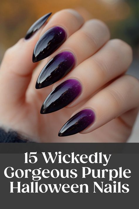 Elevate your Halloween nail game with stunning purple nail designs! Whether you prefer bold and vivid hues or subtle and elegant tones, purple Halloween nails acrylic is the perfect way to add a pop of color to your spooky season style. From intricate spider webs to cute little pumpkins, there are endless possibilities to showcase your creativity this Halloween. Turn heads and make a statement with these eye-catching purple nail art ideas that will definitely get you in the festive spirit. Black Oval Halloween Nails, Witch Nails Stilleto, Black Cat Eye Halloween Nails, Purple Mummy Nails, Black And Purple Ombre Nails Almond, Dark Purple Spooky Nails, Black And Purple Ombré Nails, Purple Nail Designs Birthday, Halloween Nail Ideas Almond Shape