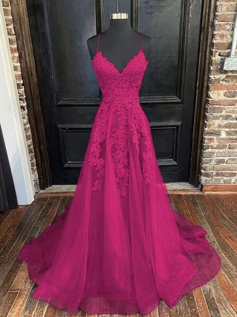 A-Line/Princess Tulle Applique V-neck Sleeveless Sweep/Brush Train Dresses - Hebeos Prom Dresses Magenta, Unique Prom Dresses 2023 Long, Magenta Prom Dresses, Pink Grad Dresses, Fuschia Prom Dress, Magenta Formal Dress, Dark Pink Prom Dress, Magenta Dresses, Magenta Prom Dress