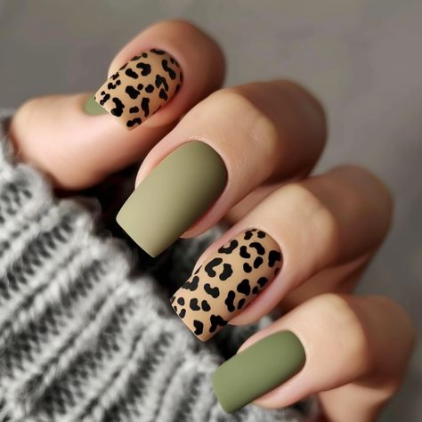 40 Iconic Olive Green Nails You’ll Love For That Perfect Aesthetic Nail Designs Older Women, Olive Green And Gold Nails Designs, Fall Nails Matte Short, Olive Green Toe Nails, Green Nail Color Ideas, Green Cheetah Nails, Khaki Green Nails, Fall October Nails, Olive Green Nails Designs