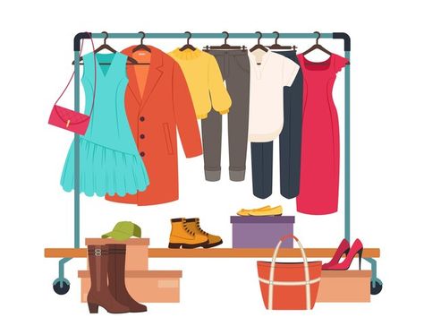 Clothes hanging on rack garment rail wit... | Premium Vector #Freepik #vector #clothes-rack #dress-shop #coat-hanger #coat-rack Clothing Shop Interiors, Sketching Fashion, Vector Clothes, Dress Vector, Clothes Hanging, Clothes Rail, Clothing Retail, Girls Wardrobe, Womens Clothing Stores