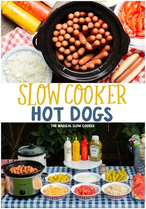 Slow Cooker Hot Dogs are a wonderful way to feed a crowd and taste just as good as hot dogs from a food cart! #hotdogs #hotdogbar #slowcooker Hot Dog Crock Pot Recipes, Hot Dog Crockpot, Hotdogs For A Crowd, Hotdogs In Crockpot, Hot Dogs In Crock Pot, Crock Pot Hot Dogs, Crockpot Hotdogs, Hot Dogs For A Crowd, Summer Suppers