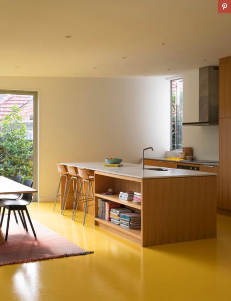 Yellow Flooring, Bungalow Extension, Bungalow Extensions, Linoleum Flooring, Yellow Kitchen, Kitchen Units, Floor Colors, Sunny Yellow, Open Kitchen