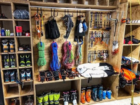 Gear closet of @malcolmgwood #gearstoke #weighmyrack Gear Room Organization, Gear Room Ideas, Outdoor Gear Organization, Sports Gear Storage, Outdoor Gear Storage, Gear Closet, Camping Gear Storage, Adventure Room, Gear Room