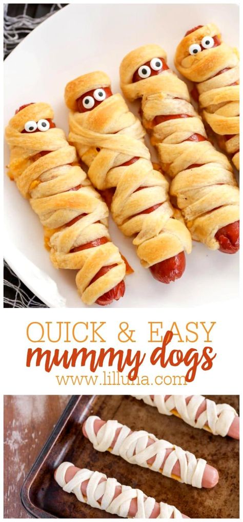 Buttery crescent wrapped Mummy Hot Dogs are filled with cheese and topped with cute candy eyes for spooky kid-friendly fun!! Halloween Party Platter, Halloween Hotdogs, Snack Halloween, Mummy Hot Dogs, Spooky Dinner, Mummy Dogs, Candy Eyes, Halloween Food Appetizers, Spooky Snacks