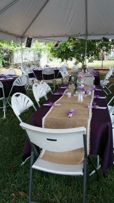 Purple Tablecloth Setting, Daughters Engagement, Burlap Table Settings, Making A Bow, Purple Wedding Tables, Purple Tablecloth, Burlap Wedding Decorations, Round Wedding Tables, Simple Centerpiece