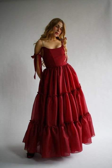 The Siena Gown in Scarlet Red – Wild Rose & Sparrow Floor Length Gowns Formal, Formal Tiered Dress, Red Flowing Dress, Red Selkie Dress, Dark Romantic Dress, Red Tiered Dress, Dark Red Wedding Guest Dress, Corset Gown Fairytale, Cool Bridesmaid Dresses