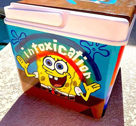 Formal Painted Cooler Ideas, Funny Frat Coolers, Spongebob Intoxication, College Cooler Painting, Beta Frat Cooler, Sae Frat Cooler, Hayride Jugs Ideas, Painted Coolers For Guys Fraternity, Painted Cooler Ideas