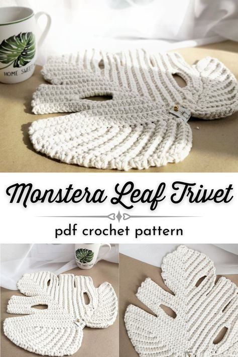 Check out this beauitful structural monstera leaf trivet crochet Pattern! What a grogeous and thick table protector for your dining table. So on trend with the monstera leaf. I can't wait to make a bunch of these as gifts! #MonsteraLeaf #CrochetPattern #CrochetMonstera #CrochetedTrivet #CrochetedPlaceMat #MonsteraTrivet #MonsteraDecor #BohoDecor #LapaLand #CraftEvangelist Crochet Monstera Leaf Blanket, Crochet Patterns Leaf, Crochet Leaf Placemat Free Pattern, Leaf Pattern Crochet Blanket, Crochet Leaf Placemat, Which Way Filet Crochet Pattern, Crochet Monstera Leaf Pattern, Trivets Crochet, Crochet Monstera Leaf Free Pattern